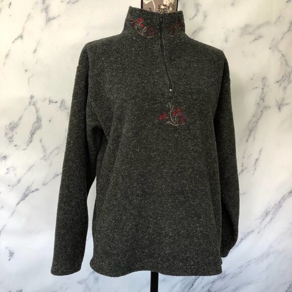 Victoria’s Secret Country Pullover Fleece Quarter Zip Floral Embroidery Gray - Picture 2 of 6